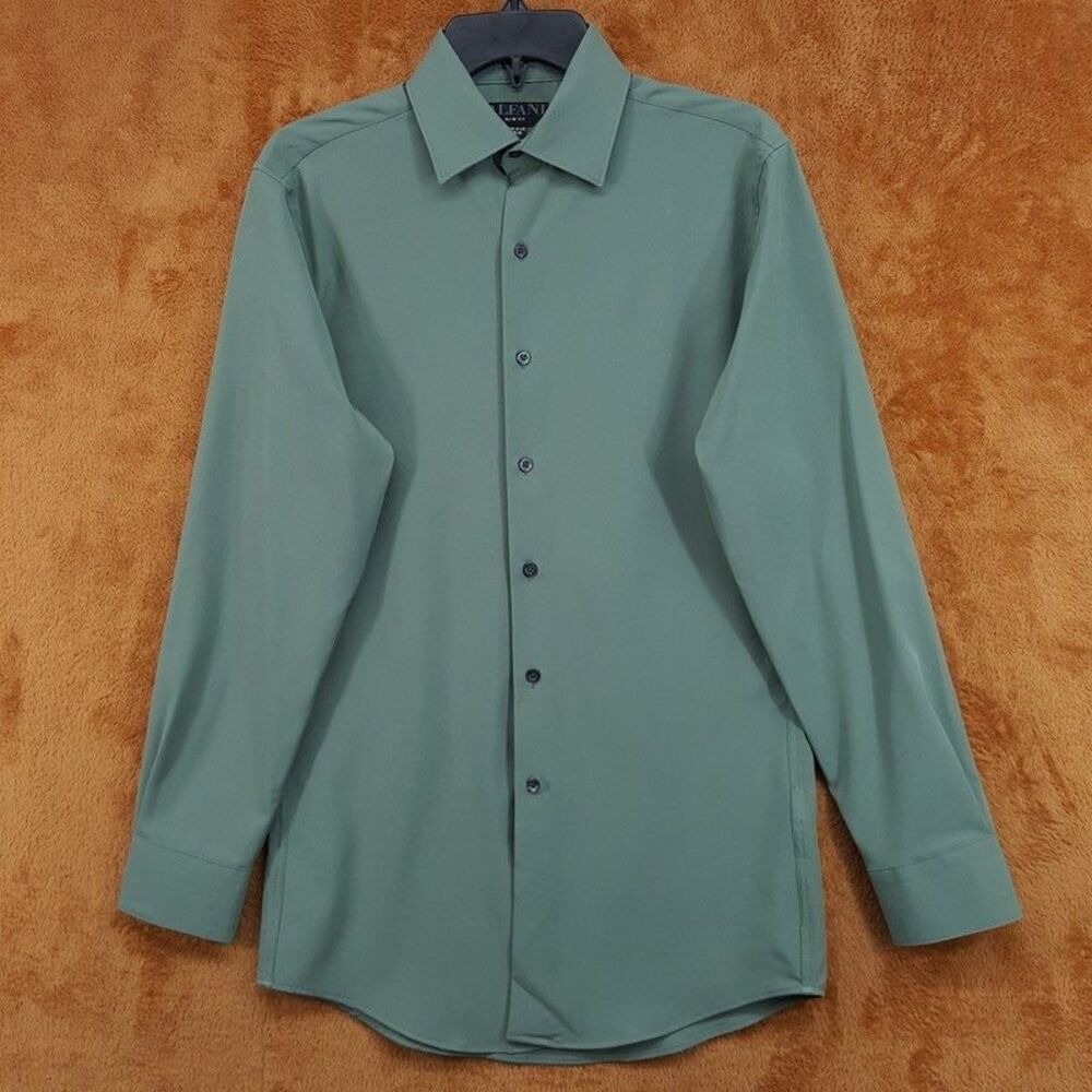 ALFANI Dress Shirt Mens Size 15 15.5 34 35 Solid Green Slim Fit Stretch